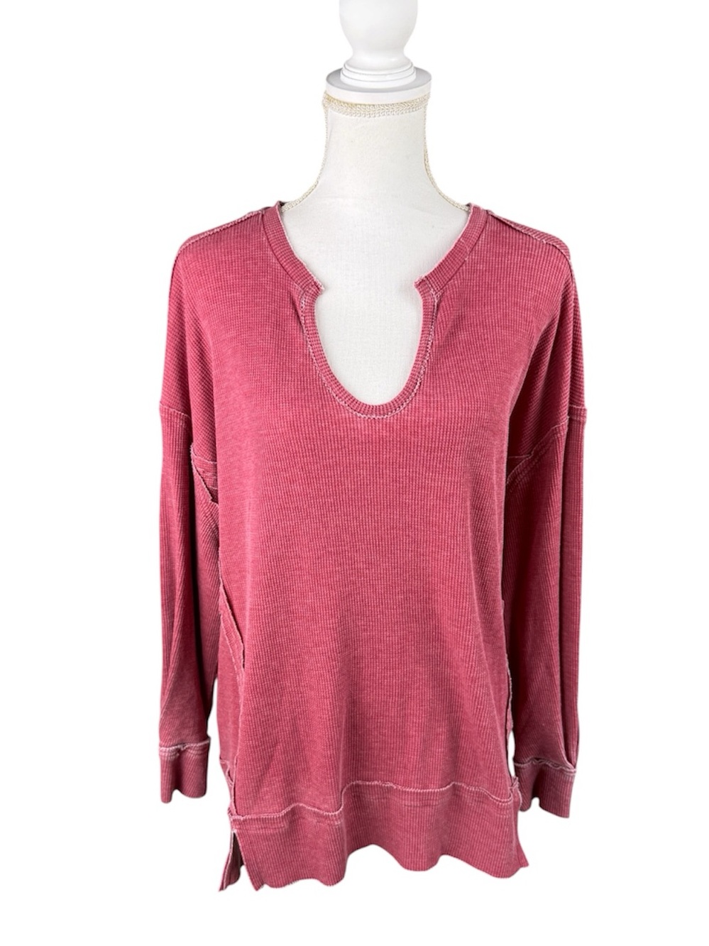 Mono B Red Acid Wash Cotton Blend Waffle Knit Oversized Long Sleeve Top